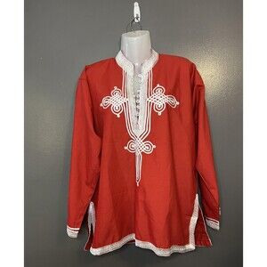 Embroidered Tunic Shirt Mens Size 4 Red White Boho Kurta Kaftan Festival Top